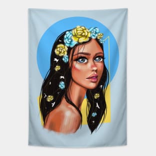 Ukrainian young emotional girl with Ukrainian symbols. Tapestry