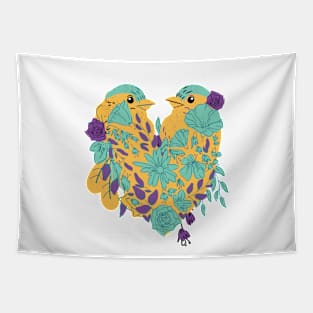 Cute Birds in Love with Flowers Tapestry