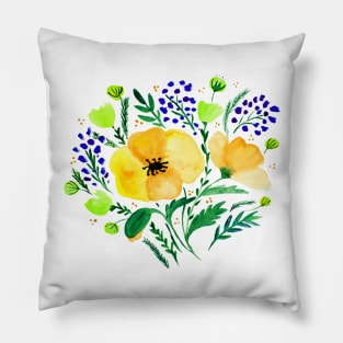 Watercolor poppies bouquet - yellow and green Pillow