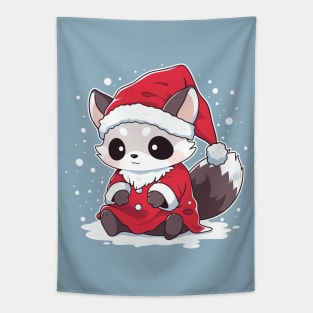 A tiny raccoon trying to be like Santa Tapestry