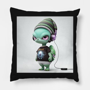 Alien wearing hat and headphones Pillow