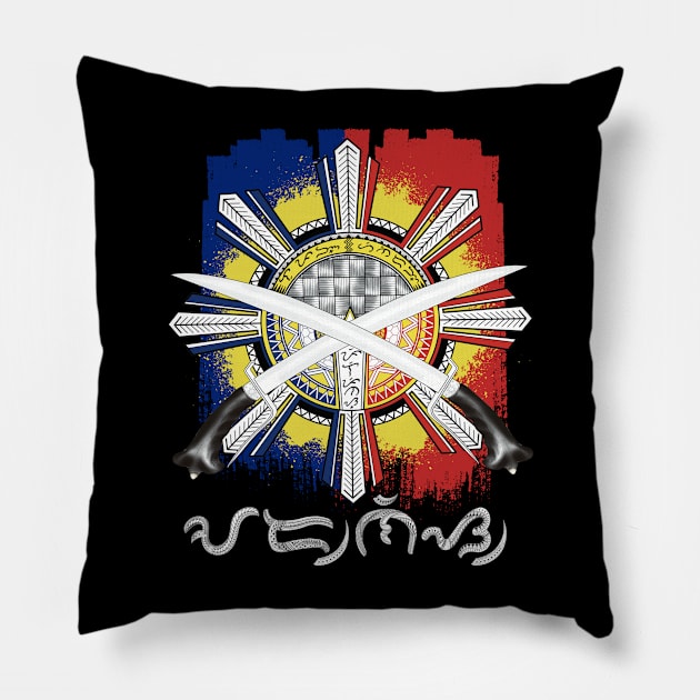 Philippine Flag Sun/ Ginunting sword/Baybayin word Arnis Pillow by Pirma Pinas