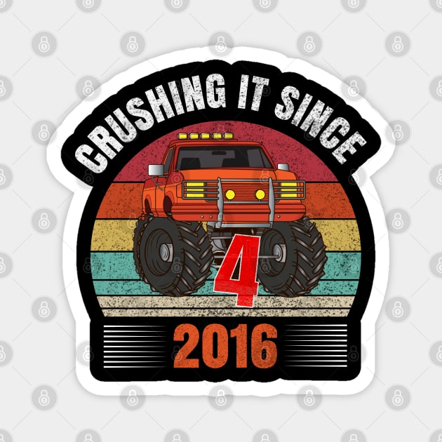 4th Birthday Crushing it Since 2016 Monster Truck Gift Kids Magnet by madani04