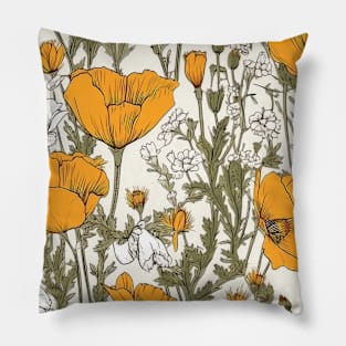 California Poppy Flower Pattern - Wildflower Illustration Pillow