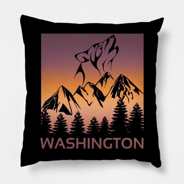 Washington Sunset Wolf Howling at The Moon Trees and Mountains T-Shirt Pillow by jackofdreams22