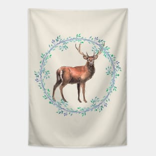 Deer Buck Pretty Flower Wreath Watercolor Style Tapestry