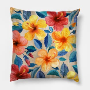 Colorful Watercolor Hibiscus on Warm Beige Pillow