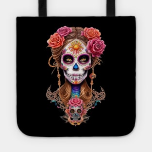 Embody the Spirit of Dia de los Muertos with Stunning Woman in Sugar Skull Makeup Tote
