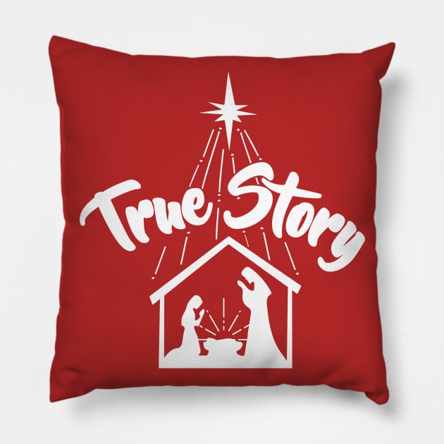 True Story Nativity Scene Christmas Holiday Jesus Mary Joseph Manger Star Pillow by graphicbombdesigns