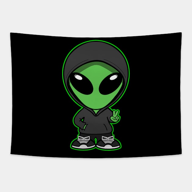 Hooded Space Alien Peace Hand Sign Green Tapestry by SpaceAlienTees