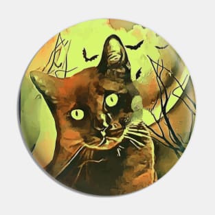 Halloween Spooky Black Cat Surrounded by Dead Trees, Bats and Large Moon Pin