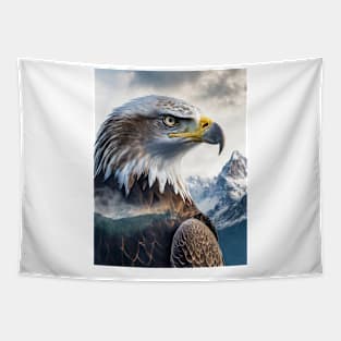 Snowy Summit Soar: Eagle Double Exposure with Mountain Majesty Tapestry