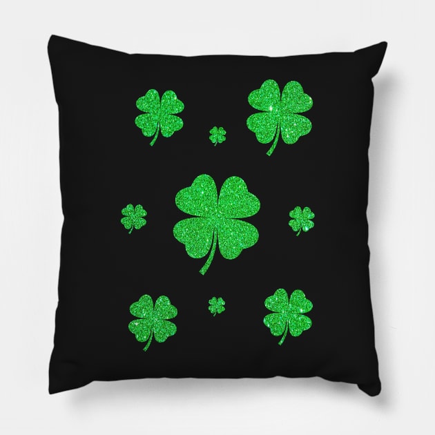 St Patricks Day, 4 Leaf Bright Green Faux Glitter Clovers Pillow by Felicity-K