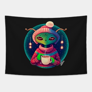 Christmas Funny Alien Drinking Coffee Wearing Sweater Tapestry