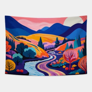 Digital Landscape Art in the Style of Matisse - Orange Sky, Blue Mountain, Orange Valley Tapestry