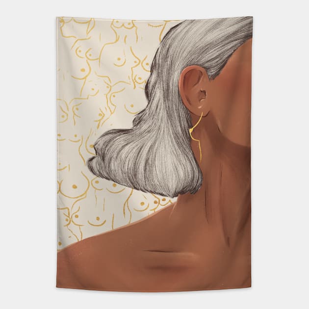 Golden Boob Earrings White Tapestry by samsum.art