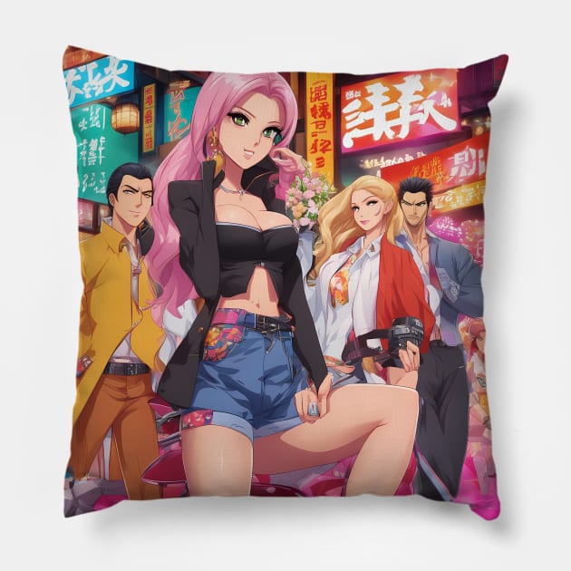 Hip Hop Anime Girl Squad: Cute and Colorful Pillow by animegirlnft