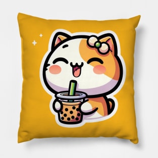 cute cat drinking boba Pillow