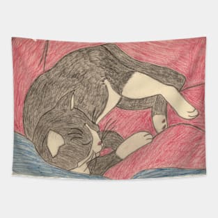 Cat black and white sleep Tapestry