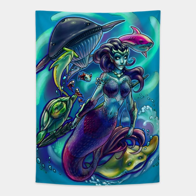 Mermaid Armada Digital Drawing Tapestry by Tranquileyez