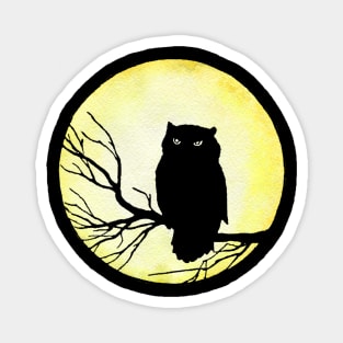 Scary Vintage Owl and Watercolor Moon Magnet