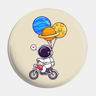 Cute Astronaut Riding Motorcycle With Planet Balloon Cartoon Pin