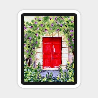 Rustic Red Door in the Woods Surrounded by Flowers Magnet