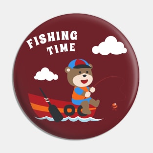 Vector cartoon illustration of cute bear fishing on sailboat with cartoon style. Pin