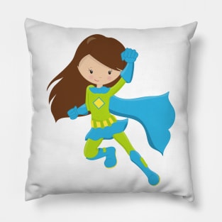 Superhero Girl, Cute Girl, Brown Hair, Blue Cape Pillow