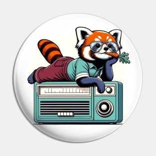 70s red panda eating carrot while sitting on vintage radio Pin