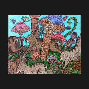 Rabbits Running Through Mushroom Forest T-Shirt