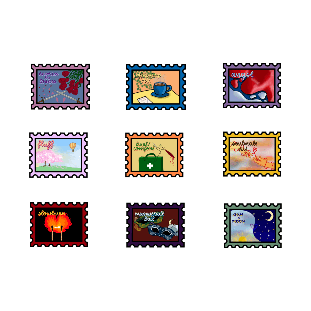 Fanfic Trope Postage Stamps by TheHermitCrab