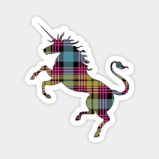 Scottish Pink, Blue and Yellow Tartan Rearing Unicorn Silhouette Magnet