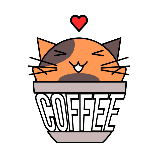 Happy cat in coffee cup with warped text heart on head orange and brown by coffeewithkitty