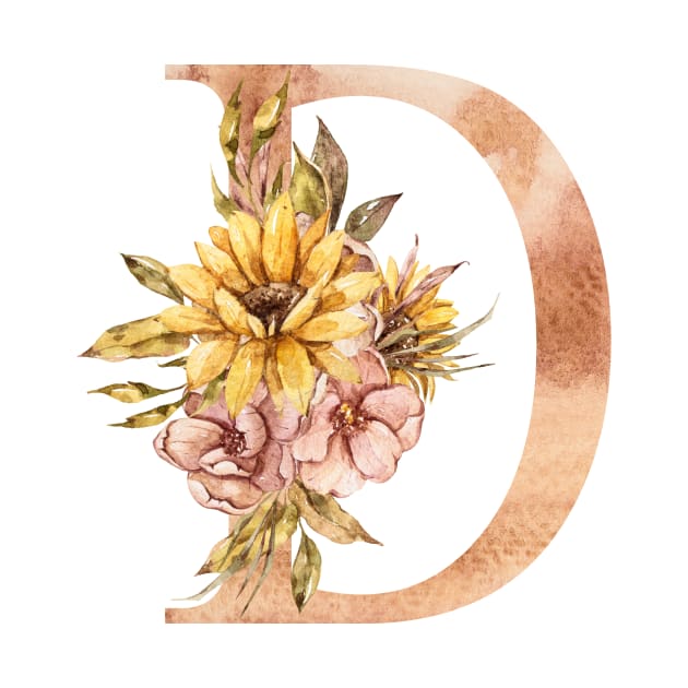 Watercolor sunflower floral  wedding monogram, D letter illustration by tiana geo