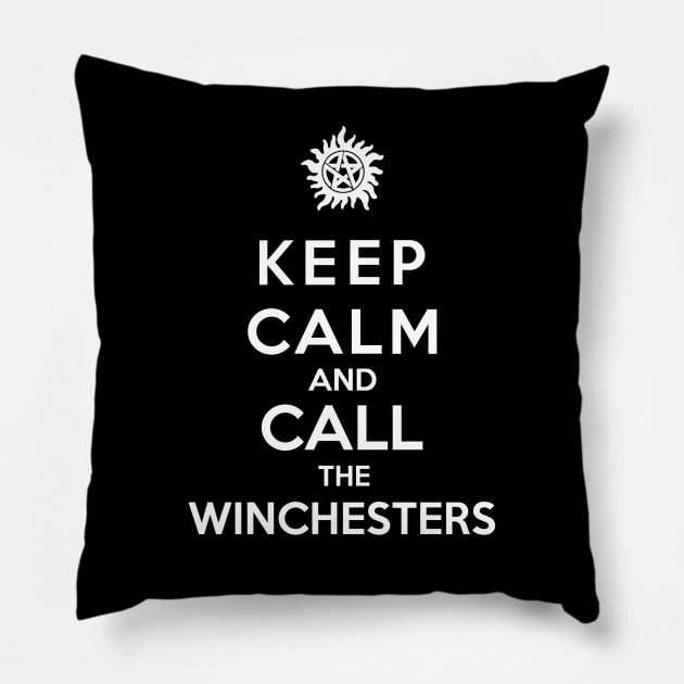 Keep Calm And  Call The Winchesters Pillow by royalbrosart