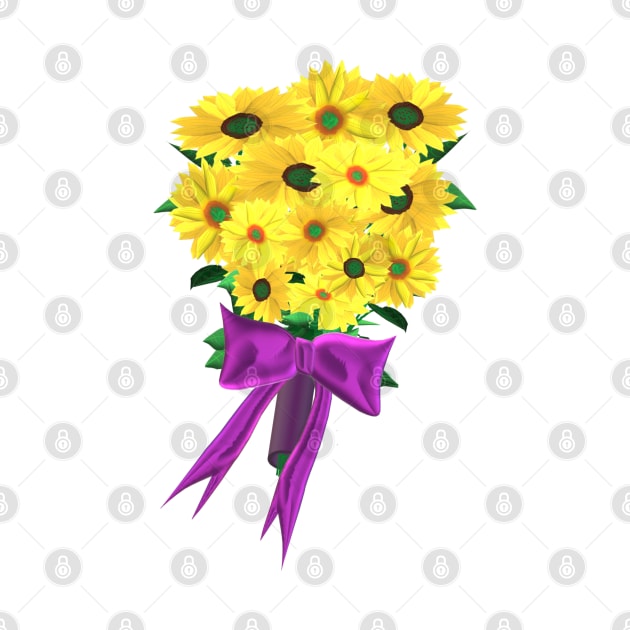 Yellow Sunflowers Bouquet with Purple Ribbon (White Background) by Art By LM Designs 