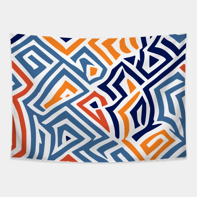 Maze Red Blue Orange Abstract Design Tapestry by Golptika Design