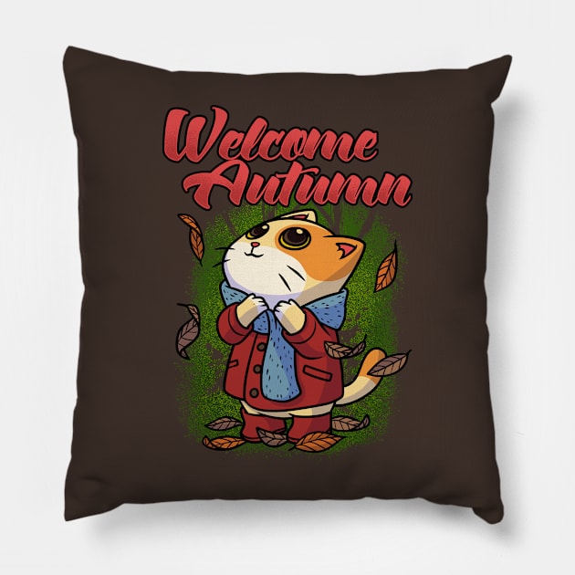 Welcome Autumn Fall Seasons Funny Cute Cat Gift Pillow by MimimaStore