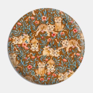 Lion Cub Pairs and Poppies on Warm Brown Pin