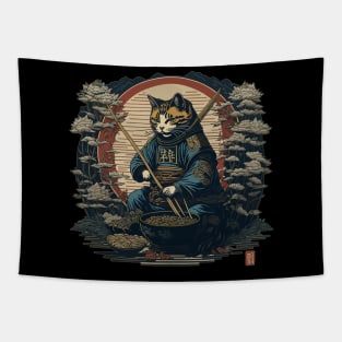 Cat samurai with a bowl of ramen Tapestry