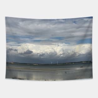 Relaxing view on Baltic seascape with thick cumulus cloud horizon and two power wind turbines in background Tapestry