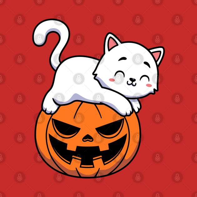 Funny Cute White Cat Laying On Pumpkin Halloween by Illustradise