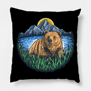 Bear Adventure Outdoor Mountain Camping Landscape Pillow