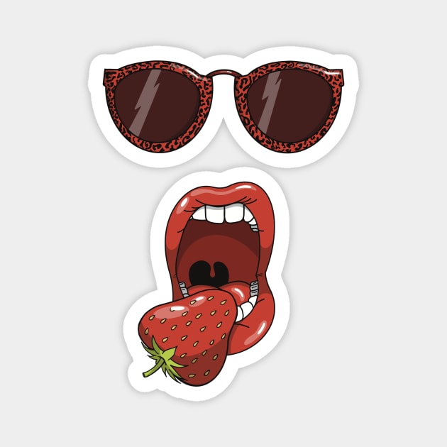 Mouth about to eat a delicious red strawberry while wearing matching red leopard print sun glasses. Magnet by Fruit Tee