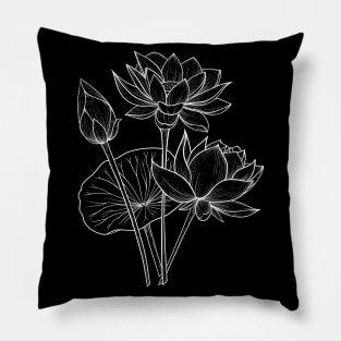 Lotus Blossoms Line Art Black Background Pillow
