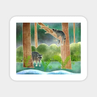 Cute Racoons in the Forest, Batik silk painting style Magnet