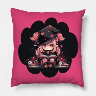 Baby Witch Aries Zodiac Sign Reading Spell Book Chibi Style Pillow