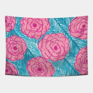 Palm Leaves and Roses Tropical Print Tapestry