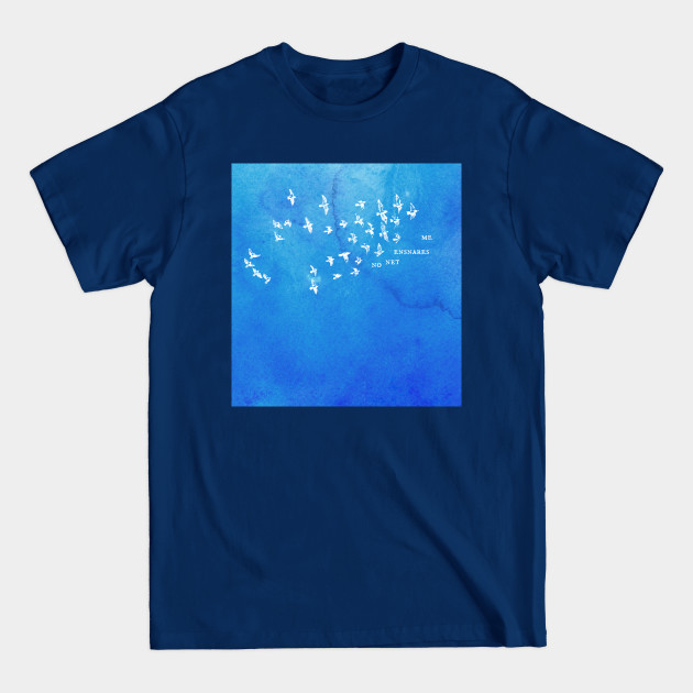 Disover "No net ensnares me" + flock of birds - Jane Eyre quote, Charlotte Bronte (white text on blue watercolor) - Charlotte Bronte - T-Shirt